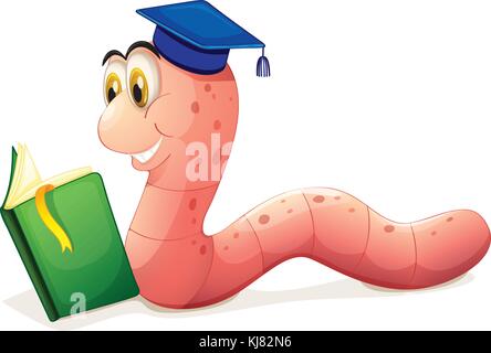 Illustrazione di un worm lettura indossando un cappello di laurea su sfondo bianco Illustrazione Vettoriale