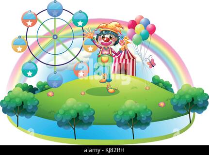 Illustrazione di un clown con un fiore in un'isola con un carnevale su sfondo bianco Illustrazione Vettoriale