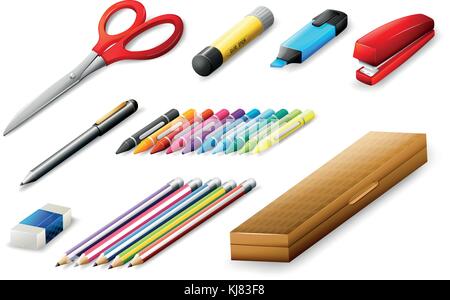 Illustrazione delle diverse forniture scolastiche su sfondo bianco Illustrazione Vettoriale
