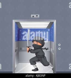 Illustrazione di un ninja all'interno dell'ascensore Illustrazione Vettoriale