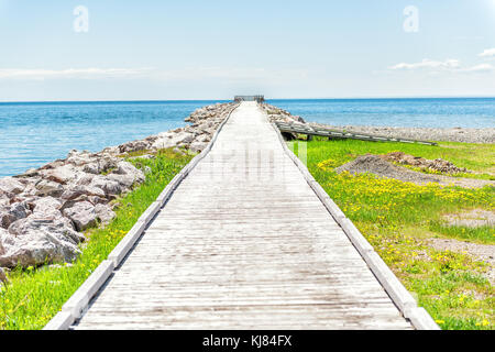 Vuota lunga passerella in legno con nessuno sul molo banchinato quay con il golfo del fiume San Lorenzo in Gaspesie regione del Québec in Canada con le linee convergenti Foto Stock