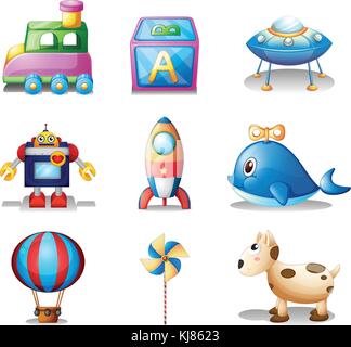 Illustrazione dei giocattoli per bambini su uno sfondo bianco Illustrazione Vettoriale