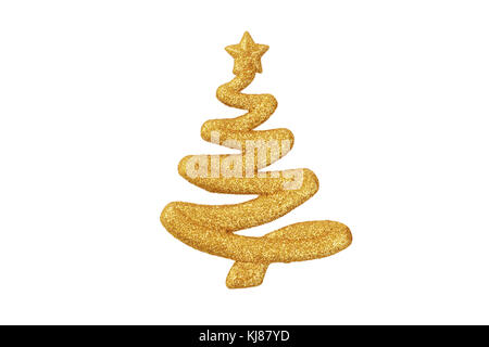 Golden scintillante di forma di un albero di natale ornamento isolati su sfondo bianco Foto Stock