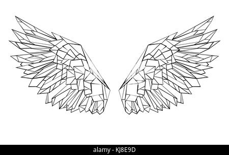 Disegnate artistica, nero delineato, poligonale ali su uno sfondo bianco. grafica poligonale. ali di contorno. Illustrazione Vettoriale