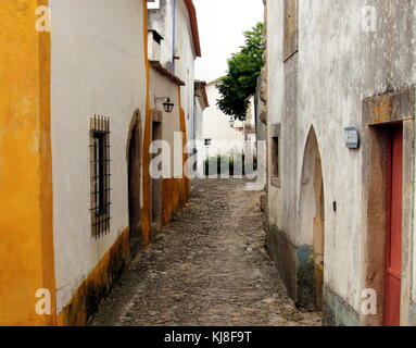 Obidos, Portogallo. bella stretta strada murata. Foto Stock