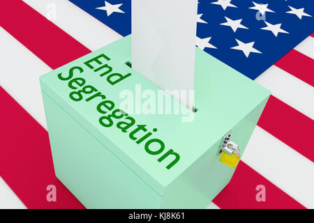 Illustrazione 3D dello script "End segregation" (fine segregazione) su una casella di testo, con la bandiera USA come sfondo. Foto Stock