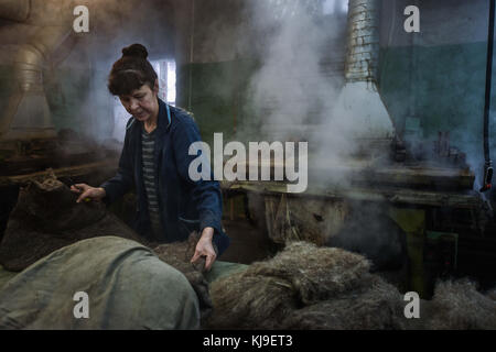6 dicembre 2016 - Syktyvkar, Repubblica di Komi, Russia - il lavoratore pettina il pezzo con lo strumento cordoncino. La produzione di calzature tradizionali russe fatte di lana presso la fabbrica di calzature di lana Vylgort. La fabbrica di calzature in lana Vylgort produce calzature da oltre 75 anni. (Immagine di credito: © Sergey Parshukov/SOPA tramite filo ZUMA) Foto Stock