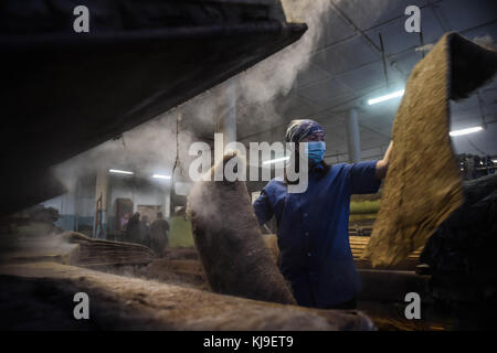 6 dicembre 2016 - Syktyvkar, Repubblica di Komi, Russia - la lana vista passare attraverso la pressa..la produzione di calzature tradizionali russe fatte di lana presso la fabbrica di calzature di lana Vylgort. La fabbrica di calzature in lana Vylgort produce calzature da oltre 75 anni. (Immagine di credito: © Sergey Parshukov/SOPA tramite filo ZUMA) Foto Stock