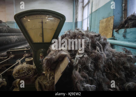 6 dicembre 2016 - Syktyvkar, Repubblica di Komi, Russia - la lana viene pesata in fabbrica..la produzione di calzature tradizionali russe fatte di lana presso la fabbrica di calzature di lana Vylgort. La fabbrica di calzature in lana Vylgort produce calzature da oltre 75 anni. (Immagine di credito: © Sergey Parshukov/SOPA tramite filo ZUMA) Foto Stock