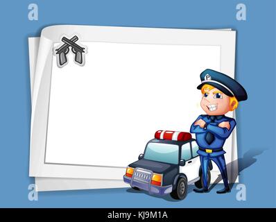 Illustrazione di un poliziotto con un auto della polizia accanto a una carta bianca su sfondo blu Illustrazione Vettoriale