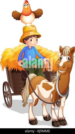 Illustrazione di un agricoltore a cavallo di un carrello con un pollo sopra la sua testa su sfondo bianco Illustrazione Vettoriale