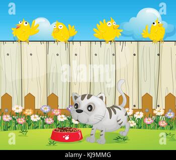 Illustrazione di un gatto bianco con un cibo per cani e quattro uccelli gialli Illustrazione Vettoriale