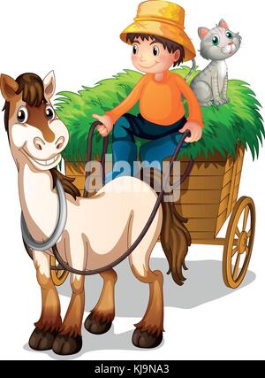 Illsutration di un agricoltore a cavallo di un carrello con un gatto sul retro su sfondo bianco Illustrazione Vettoriale