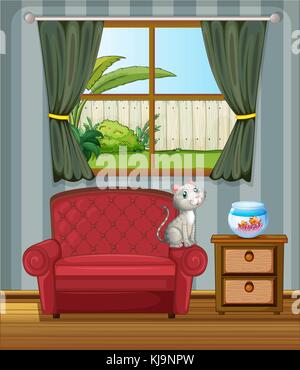 Illustrazione di un gatto a divano guardando il pesce in acquario Illustrazione Vettoriale