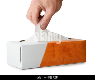 Raccolta a mano su un tessuto da una scatola isolata su uno sfondo bianco Foto Stock