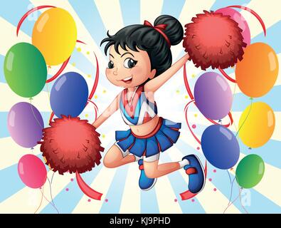 Illustrazione di una cheerleader azienda red pompon con palloncini su sfondo bianco Illustrazione Vettoriale