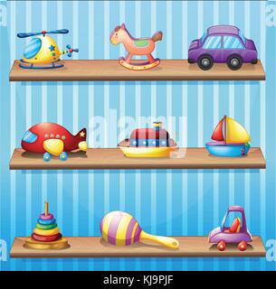 Illustrazione di tre ripiani in legno con giocattoli Illustrazione Vettoriale