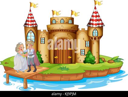 Illustrazione di un principe e principessa presso il ponte di legno nei pressi del castello su sfondo bianco Illustrazione Vettoriale