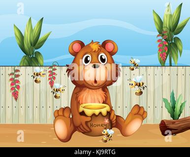 Illustrazione di un orso con cinque api Illustrazione Vettoriale