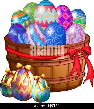Illustrazione di un cesto pieno di uova di pasqua su sfondo bianco Illustrazione Vettoriale