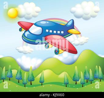 Illustrazione di un colorato aeroplano sopra le colline Illustrazione Vettoriale