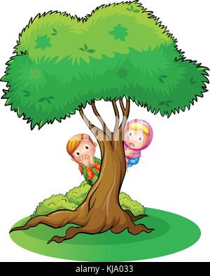 Illustrazione di kids nascondendo al grande albero su sfondo bianco Illustrazione Vettoriale