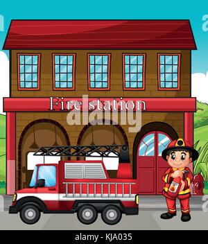 Illustrazione di un vigile del fuoco con un camion dei pompieri in una stazione dei vigili del fuoco Illustrazione Vettoriale