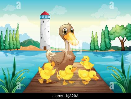 Illustrazione di una madre di anatra con quattro baby anatre nel ponte di legno Illustrazione Vettoriale