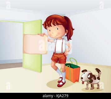 Illustrazione di una ragazza con una carta vergine con un sacco e un cane Illustrazione Vettoriale