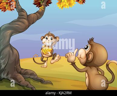 Illustrazione delle due scimmie accanto al grande albero Illustrazione Vettoriale