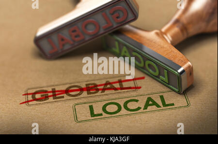 3d'illustrazione di due timbri in gomma con parole globale e locale su carta kraft sfondo, concetto di consumo Foto Stock