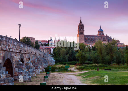 Catedral Nueva de Salamanca e ponte romano al tramonto. Salamanca Castiglia e Leon, Spagna. Foto Stock