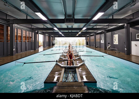 Dritto in vista di studenti a remi Radley Centro di Canottaggio, Oxford, Regno Unito. Architetto: Mulroy architetti, 2016. Foto Stock