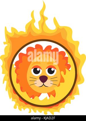 Lion saltando attraverso un anello di fuoco nel circus icona stile piatto , isolato su sfondo bianco. illustrazione vettoriale. Illustrazione Vettoriale