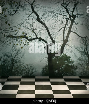 Bellissimo sfondo surreale di alberi in bianco e nero e il pavimento a scacchi in un grungy style Foto Stock