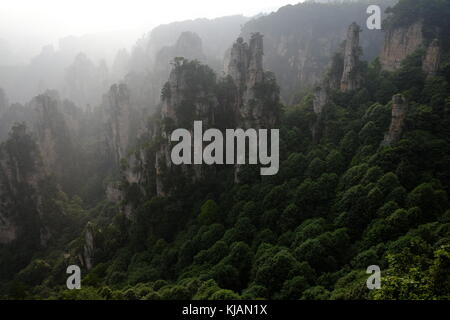 Fumoso il tramonto del zhangjiajie National Forest park's cime frastagliate e colonne di pietra calcarea nella provincia del Hunan in Cina Foto Stock