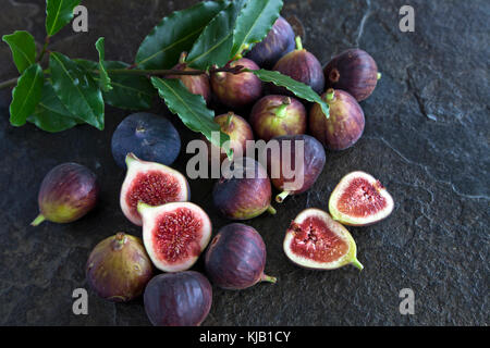 Fichi freschi con foglie di alloro sulla base di ardesia Foto Stock