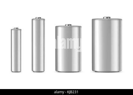 Vettore bianco realistico batteriy alcalina icon set. dimensione diversa - AAA, AA, c, d. Il design del modello per il branding, mockup. closeup isolati su sfondo bianco. Illustrazione Vettoriale