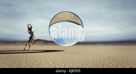 Il futuristico donna guarda la sfera flottante nel deserto Foto Stock