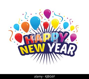 Giocoso felice anno nuovo con palloncini colorati e coriandoli e raggi, felice anno nuovo Illustrazione illustrazione design, isolati su sfondo bianco. Illustrazione Vettoriale
