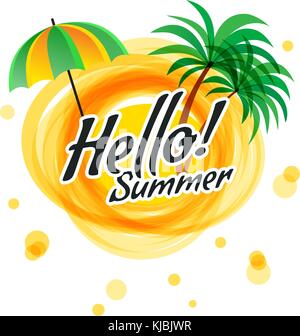Il giallo sole astratto con testo - ciao estate. Illustrazione Vettoriale
