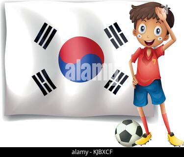 Illustrazione di un giocatore di calcio accanto a una bandiera coreana su sfondo bianco Illustrazione Vettoriale