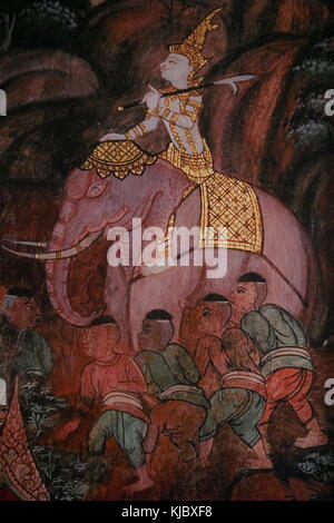 Un Siamese pittura tradizionale dotata di un re su di un elefante bianco, circondato da servi. Foto Stock