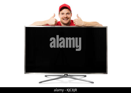 Grande tv in bianco e uomo sorridente con il pollice in alto isolato su sfondo bianco Foto Stock