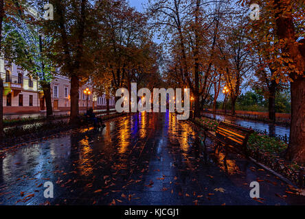 Serata autunnale presso il lungomare di Odessa che è un biglietto da visita della città. strada asfaltata e un passaggio pedonale lastricata è punteggiata con panchine. Foto Stock