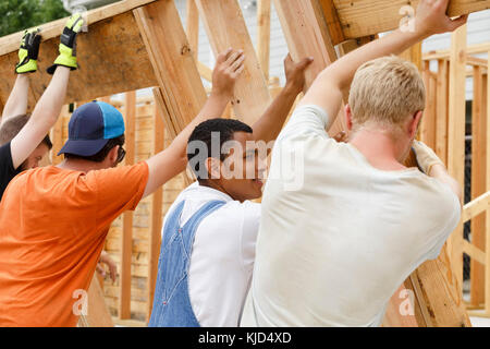 I volontari di sollevamento parete incorniciato al sito in costruzione Foto Stock