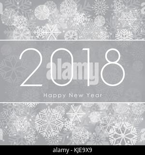 Felice anno nuovo 2018 design di testo. Saluto illustrazione con numeri bianchi e fiocchi di neve su sfondo grigio. vettore Illustrazione Vettoriale