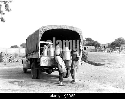 Delhi Latte Regime di alimentazione di contenitori del latte. Il caricamento in un carrello 1951 Foto Stock