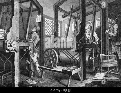 Incisione e incisione su carta, dal titolo "Industry and idleness, Plate 1, The fellow "Prentices at their Looms", raffigurante due uomini che lavorano sui telai, uno che li guarda da una porta, tenendo un bastone, di William Hogarth, 1747. Dalla New York Public Library. Foto Stock