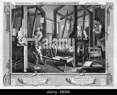 Incisione e incisione su carta, dal titolo "Industry and idleness, Plate 1, The fellow "Prentices at their Looms", raffigurante due uomini che lavorano sui telai, uno che li guarda da una porta, tenendo un bastone, di William Hogarth, 1747. Dalla New York Public Library. Foto Stock